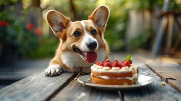 Happy corgi dog eagerly looking at a delicious cake with strawberries in a lush garden setting photo