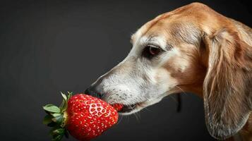 Beagle dog playfully holds a large strawberry in its mouth against a dark background photo