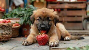 Playful puppy enjoying a large strawberry in a vibrant market setting surrounded by fresh produce photo