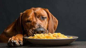 A hungry dog eagerly resting its head on a plate of spaghetti, set against a dark background photo