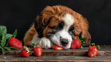 Adorable puppy resting on wooden table, playfully nibbling strawberries with dark background photo