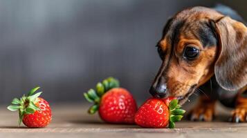 A curious dachshund sniffing fresh strawberries on a wooden table, with a warm background ambiance photo