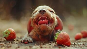 Happy puppy lying on the ground surrounded by fresh strawberries in a sunny outdoor setting photo