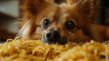 A curious dog resting its head on a plate of spaghetti in a cozy home setting photo