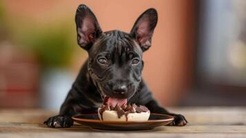 Playful puppy enjoying a chocolate donut on a wooden table with a blurred background photo