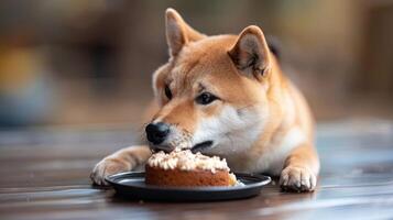 Shiba Inu dog enjoying a delicious cake on a wooden table with a cozy background setting photo