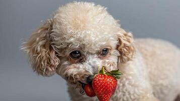 A playful dog holding a fresh strawberry in its mouth against a soft gray background photo