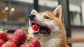 Shiba Inu dog enjoying fresh strawberries in a cozy indoor setting with natural light photo