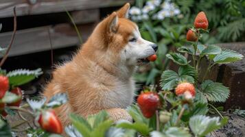 Shiba Inu dog enjoying strawberries in a lush garden, surrounded by vibrant plants and flowers photo