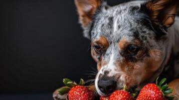 Dog with unique coat color curiously sniffing fresh strawberries on a dark background photo