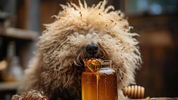Dog with curly fur enjoying honey from a jar, surrounded by honeycomb and rustic decor photo