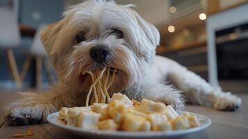 Playful dog enjoying a plate of spaghetti in a cozy kitchen setting with blurred background photo
