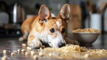 Playful dog enjoying a messy meal of spaghetti on a kitchen floor with utensils in background photo