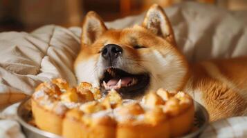 Happy Shiba Inu relaxing on a cozy blanket with a delicious cake in front, enjoying a peaceful moment photo