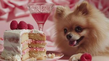 A playful Pomeranian dog joyfully eyes a pink frosted cake adorned with raspberries, set against a soft pink backdrop photo