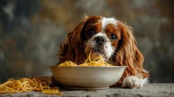 A playful dog enjoying a bowl of spaghetti, with a rustic background setting and scattered noodles photo