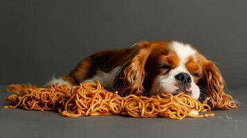 A sleepy dog resting on a bed of spaghetti, with a neutral background enhancing the scene photo
