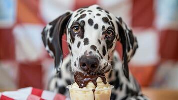 Playful Dalmatian dog enjoying a delicious ice cream treat in a colorful background setting photo