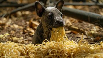 Playful dog surrounded by a pile of spaghetti in a rustic outdoor setting, capturing a whimsical moment photo