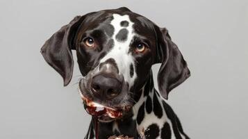 Playful Dalmatian dog enjoying a treat against a neutral background, showcasing its unique spots photo
