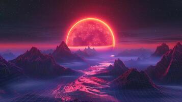 Futuristic landscape with a glowing sunset over mountains and a river, creating a surreal atmosphere photo