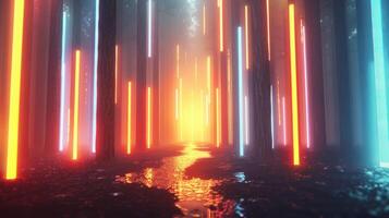 Vibrant neon lights illuminate a serene forest path, creating a surreal atmosphere at dusk photo