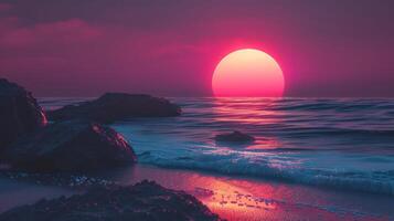 Vibrant sunset over tranquil ocean waves with rocky shoreline and soft clouds in the background photo