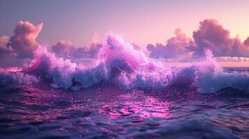 Vibrant pink ocean waves crashing under a pastel sunset sky with fluffy clouds in the background photo