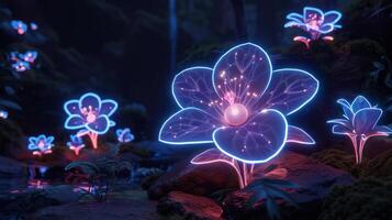 Glowing ethereal flowers illuminate a mystical forest stream, creating a serene and enchanting atmosphere photo