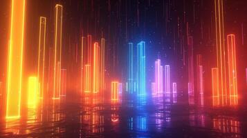 Abstract neon light cityscape with colorful glowing pillars reflecting on a water surface photo