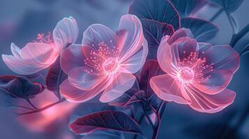 Ethereal glowing flowers with delicate petals and vibrant colors against a soft, dreamy background photo