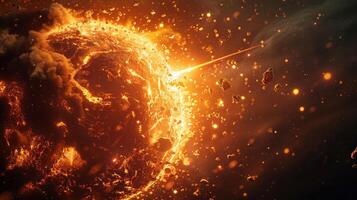 Fiery celestial body surrounded by asteroids in a cosmic scene with glowing particles photo