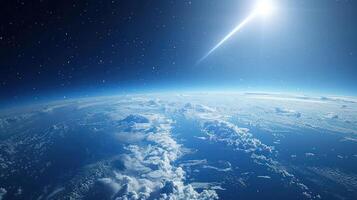 Stunning view of Earth from space, featuring vibrant clouds and sunlight illuminating the atmosphere photo