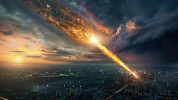 A dramatic scene of a fiery meteor striking a bustling city at sunset, with clouds gathering photo