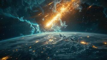 Stunning cosmic scene depicting a fiery meteor shower over a vibrant Earth, highlighting celestial activity photo