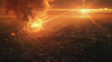 A dramatic sunset over a city skyline with an explosion in the background, creating chaos photo
