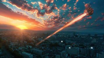 A vibrant sunset over a bustling cityscape as a meteor streaks across the sky, creating awe photo
