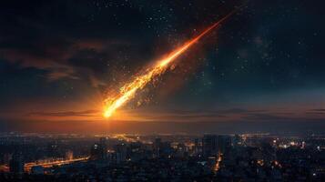 A meteor streaks across a twilight sky above a bustling cityscape, illuminating the horizon photo
