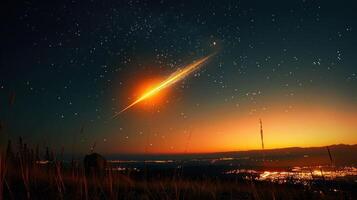 Stunning meteor streaks across a twilight sky over a vibrant cityscape and serene landscape photo