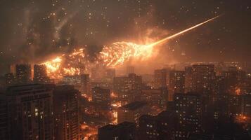 A fiery meteor streaks through a city skyline at night, illuminating buildings and chaos below photo