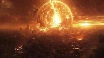 Catastrophic solar explosion engulfing a city skyline, with fiery debris and chaos in the background photo