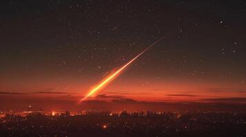 Meteor streaking across a twilight sky over a bustling city skyline, evoking wonder and awe photo