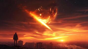 A solitary figure gazes at a fiery celestial event over a futuristic cityscape at sunset photo