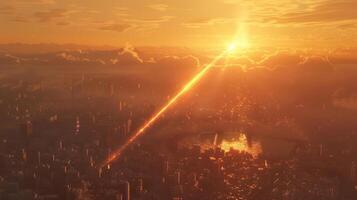 Stunning sunset over a bustling cityscape with rays of light piercing through clouds photo