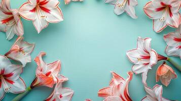 Beautiful arrangement of pink and white flowers on a soft blue background, creating a serene atmosphere photo