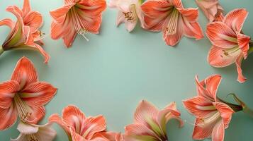 Vibrant amaryllis flowers arranged in a circular pattern on a soft mint background, evoking spring photo