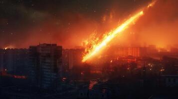 Catastrophic meteor strike over a cityscape at night, illuminating buildings and smoke photo