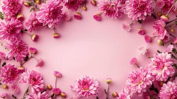 Vibrant pink flowers arranged in a circular frame on a soft pink background, ideal for celebrations photo