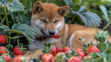 Shiba Inu dog playfully enjoying strawberries in a lush garden surrounded by vibrant greenery photo