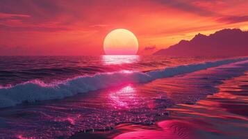 Vibrant sunset over tranquil ocean waves with silhouetted mountains in the background photo